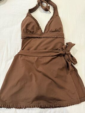 Anne Cole Brown Ruffle Halter two Piece Swimsuit with matching sarong.